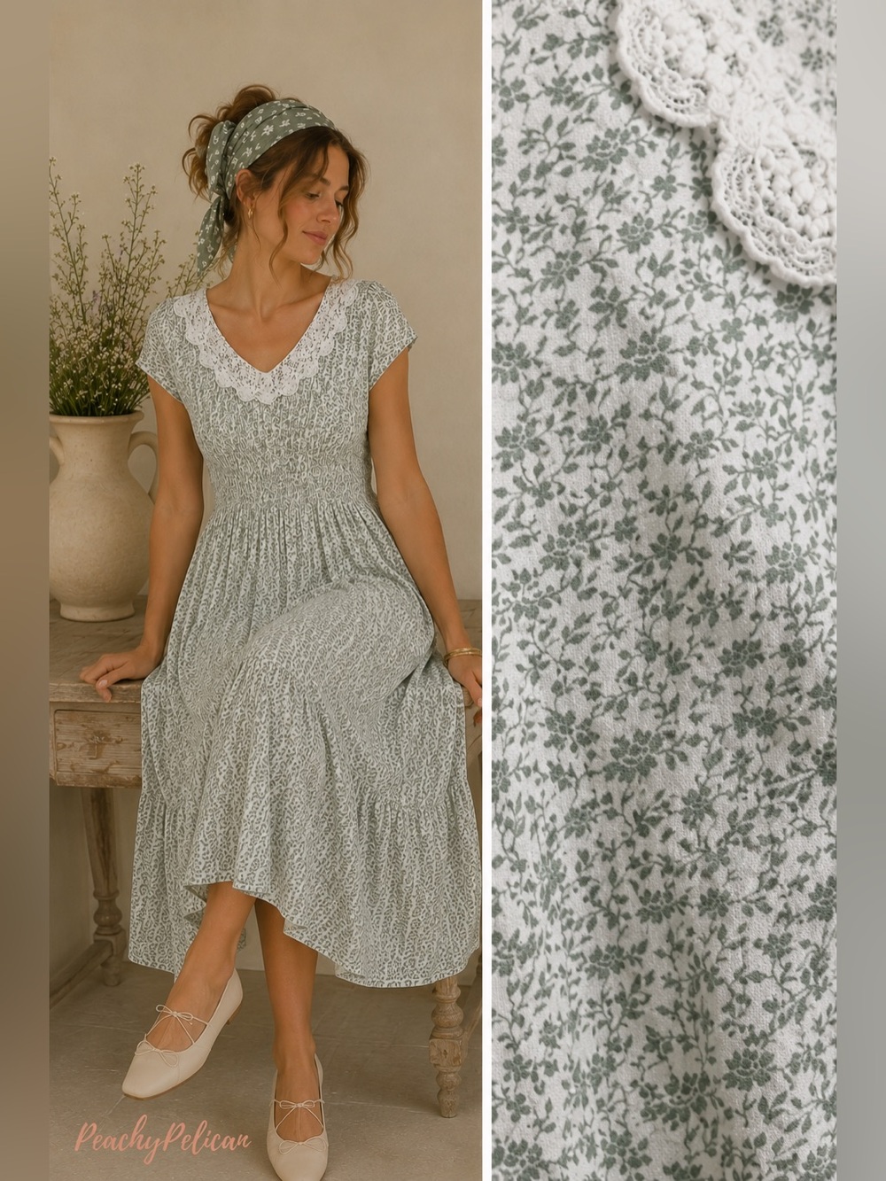 April Cornell Vintage Willow Dress Large Sage Green White Floral Cottagecore